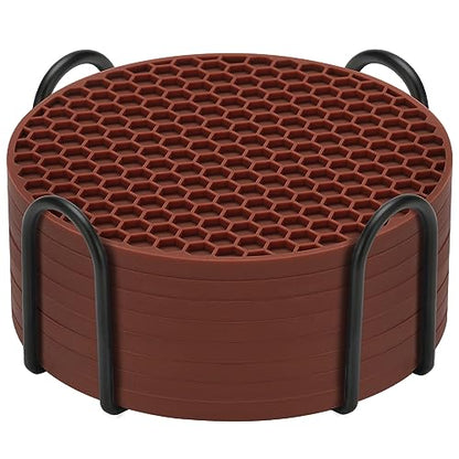 TWTLi Silicone Coasters Set of 8 with Holder — Non-Slip Drink Coasters for Coffee Table, Home Bar & Kitchen, Protects Wood & Marble Surfaces from Water Rings, Dishwasher Safe (Brown) - color: Brown, size: 8 Pcs