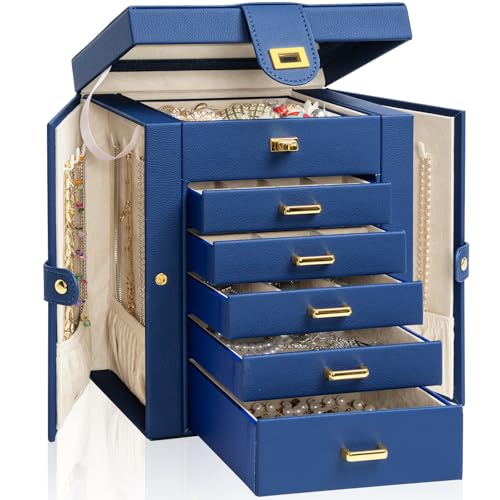 AKOZLIN 6-Tier Jewelry Box Organizer Functional 5 Drawers Leather Jewelry Storage Case for Women Girls Ring Necklace Earring Bracelet Holder Organizer with Mirror Blue Regular - color: Blue, size: Regular