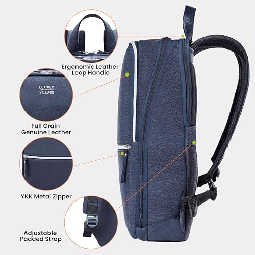 LEATHER VILLAGE Leather Laptop Backpack for Men with Trolley Strap 16L Blue | Water-Repellent, Slim Professional Business Bag Fits 2 Laptops up to 15.6", Tablets or Files, Work & Travel Daypack - color: Blue