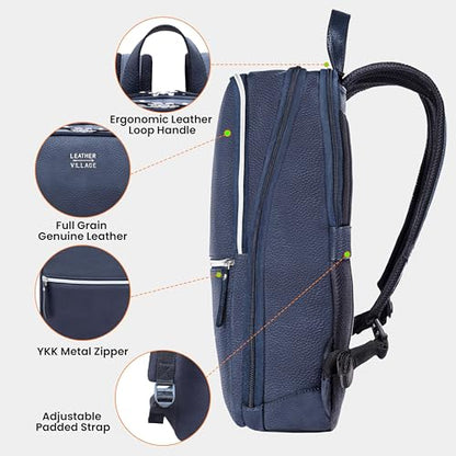 LEATHER VILLAGE Leather Laptop Backpack for Men with Trolley Strap 16L Blue | Water-Repellent, Slim Professional Business Bag Fits 2 Laptops up to 15.6", Tablets or Files, Work & Travel Daypack - color: Blue