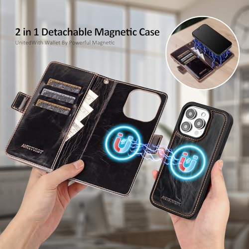 Antsturdy Compatible with MagSafe iPhone 15 Pro Wallet Case,Coffee | Detachable Magnetic Credit Card Holder,RFID Blocking,PU Leather Zipper Purse,Wrist Strap Kickstand,Flip Phone Cover for Women - color: (Detachable with Magsafe)-Coffee