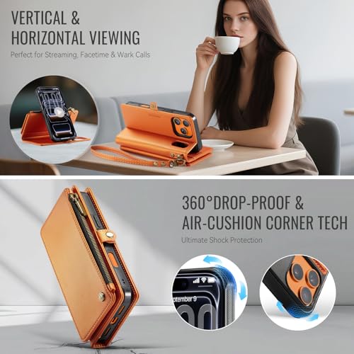 Defencase for iPhone 17 Pro Case Wallet Compatible with Magsafe, Orange | Drop-Proof Magnetic Detachable Phone Cases Cover, with RFID Bolcking Card Holder, Zipper Strap, PU Leather, Removable Wallet - color: (Detachable with Magsafe)-Orange