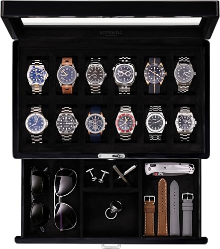 ROTHWELL 12-Slot Piano Black Watch Box with Valet Drawer - Premium Jewelry Display Case Organizer with Locking Glass Top and Microsuede Liner for Men & Women (Black Interior) - color: Piano Black / Black