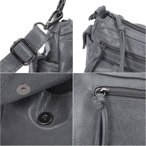 Angel Kiss Hobo Purses for Women Crossbody Shoulder Bag Ladies Multi Pocket Handbags with Adjustable Shoulder Strap | Soft Vegan Leather - color: Grey