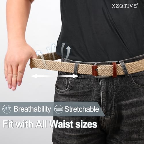 XZQTIVE Braided Stretch Belt Mens Gift Elastic Woven Belt for Golf Casual Pants Shirts Jeans - color: Khaki With Brown Leather, size: Fit Waist 33-38in