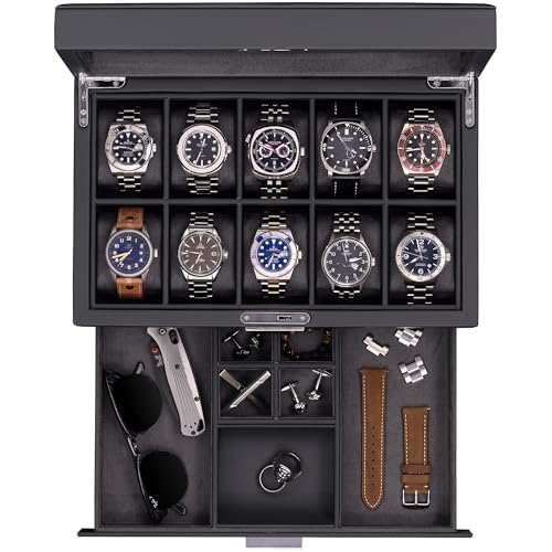 ROTHWELL 10-Slot Watch Box in Leather with Valet Drawer, Luxury Watch Case Display Organizer with Ultra Soft Microsuede Liner, Jewelry and Sunglass Holder With Large Glass top (Carbon) - color: Carbon