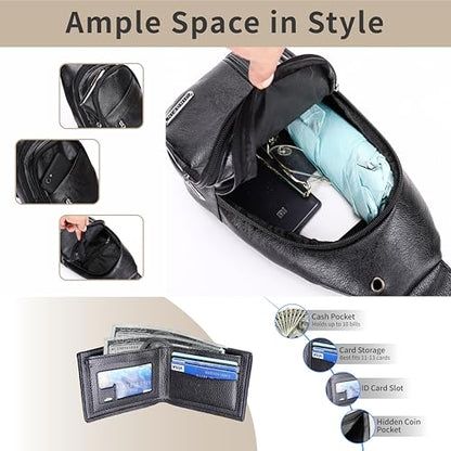 Sling Bag Set, PU Leather Sling Bag, Multi-Zipper Design for Travel, Outdoors, Valentine’s Day Gifts - color: Black