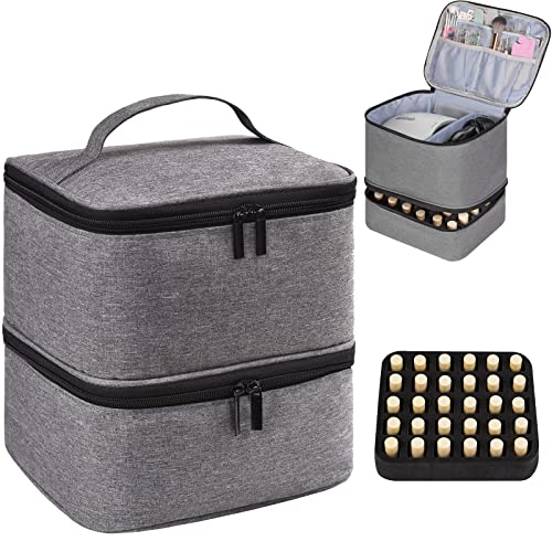 Nail Polish Organizer Holds 30 Bottles (15ml) and 1 Nail Light Nail Polish Carrying Case with Storage Pockets for Manicure Tools Double Layer Nail Polish Storage Travel Bag with Handle (A-Gray) - color: A-Gray