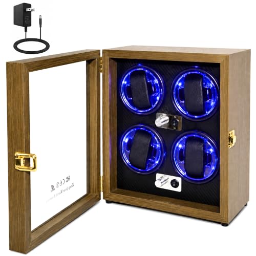 Watch Winder for Automatic Watches, Walnut 4 Slots Winding Watch Box with Japanese Quiet Motor & Blue LED for Rolex and Auto Watches, Wooden Rotating Watch Case Used for Storage, Display & Gift - size: 4 slots