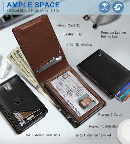Wallet for Men, Slim Pop Up Card Holder with RFID Blocking, Minimalist Bifold Wallet with 9 Card Slots, ID Window and Cash Pocket, Metal Flip Case with Magnetic Closure, Gift Box - color: Black / Coffee Brown168