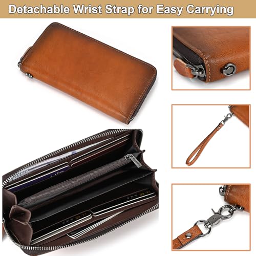 Genuine Leather Long Zip Around Wallet for Men Women Vintage Cowhide Clutch Purse with Wristlet Multi Card Slots Phone Holder, Brown