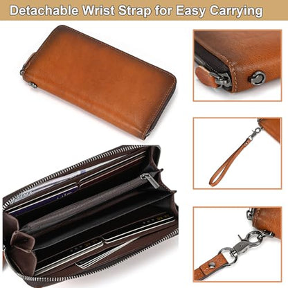 Genuine Leather Long Zip Around Wallet for Men Women Vintage Cowhide Clutch Purse with Wristlet Multi Card Slots Phone Holder, Brown