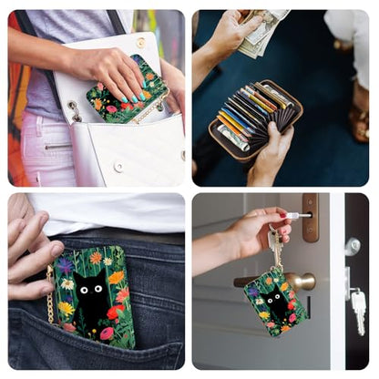 Yonlevres Credit Card Holder RFID Small Wallet Women Keychain Zipper - color: Floral Cat-2