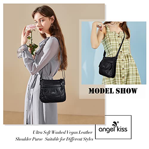 Angelkiss Small Womens Crossbody Bag Leather Shoulder Purse for Women Hobo Bag with Adjustable Shoulder Strap - color: Black