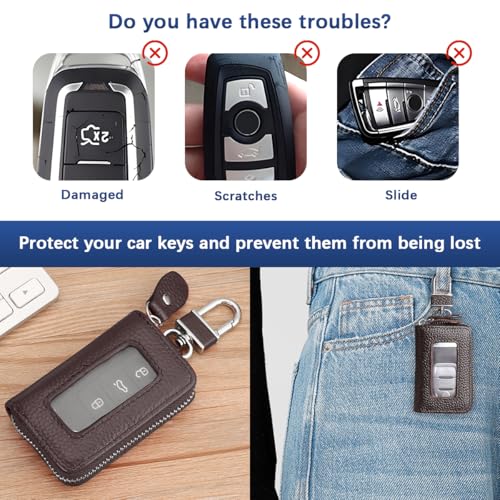 Car Key Fob Case, Genuine Leather Remote Key Protector Cover with Metal Hook & Transparent Window, Protective Automotive Smart Keychain Ring Bag, Compatible with Most Vehicle (Coffee) - color: Coffee