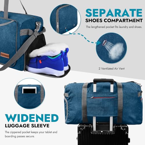 65L Travel Duffel Bag, Foldable Weekender Bag with Shoes Compartment for Men Women Water-proof & Tear Resistant (Aegean Blue, 65L) - color: Aegean Blue, size: 65L