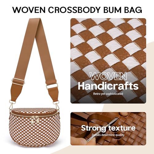 FODOKO Woven Crossbody Bag for Women Woven Leather Bum Bags Checkered Cross body Bags with zipper - color: Checkered brown white
