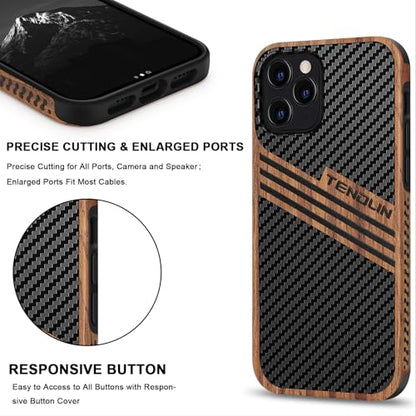 TENDLIN Compatible with iPhone 12 Pro/iPhone 12 Case Wood Grain with Carbon Fiber Texture Design Leather Hybrid Slim Case (Three Stripe) - color: Three Stripe, size: iPhone 12/12 Pro