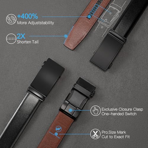 SENDEFN Men's Leather Belt - Automatic Ratchet Slide Buckle, Easy Trim-to-Fit Function, Packaged with Gift Box - color: Light Brown