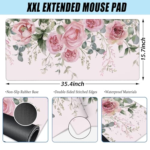 XXL Mouse Pad, Pink Peony Flowers Eucalyptus Green Leaves Large Desk Mat for Desktop, Extended Large Gaming Mouse Pad Mouse Mat with Non-Slip Rubber Base Stitched Edges for Home Office 35.4"X15.7" - color: Pink Peony Flowers Eucalyptus Green Leaves