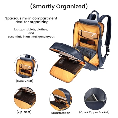 LEATHER VILLAGE Leather Laptop Backpack for Men with Trolley Strap 16L Blue | Water-Repellent, Slim Professional Business Bag Fits 2 Laptops up to 15.6", Tablets or Files, Work & Travel Daypack - color: Blue