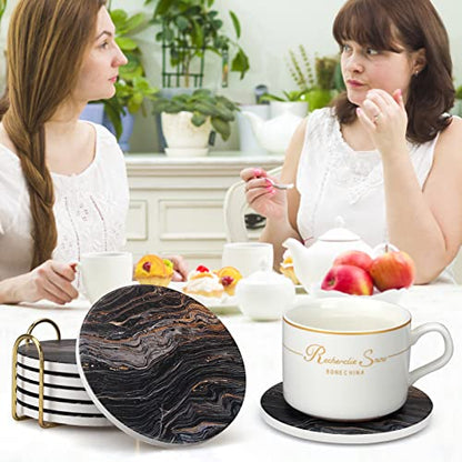 6 Pcs Black Ceramic Modern Coasters with Holder Absorbent Drink Coaster - color: Black Marble