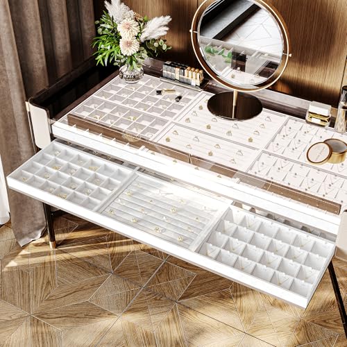 White PU Leather Ring Stud Earring Jewelry Display Organizer Tray | Easy-clean scratch-proof PU leather tray, orderly storage for rings earrings, for home vanity & retail holiday jewelry gifts - size: 11 Slot