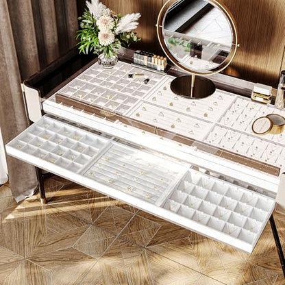 White PU Leather Ring Stud Earring Jewelry Display Organizer Tray | Easy-clean scratch-proof PU leather tray, orderly storage for rings earrings, for home vanity & retail holiday jewelry gifts - size: 11 Slot