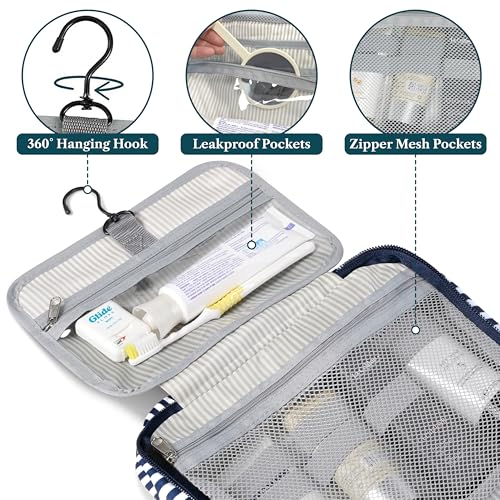 PAVILIA Hanging Toiletry Bag for Women Men, Makeup Organizer, Stripe Navy - color: Navy Stripe