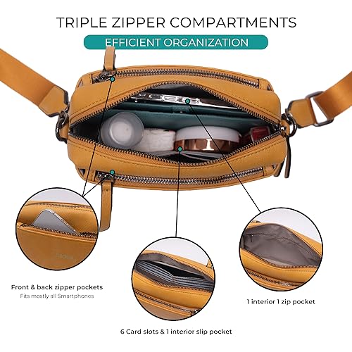 Alldaily Small Triple Zip Crossbody Purse for Women, Vegan Leather Phone Bag with Wide Shoulder Strap - color: Yellow