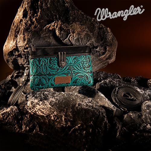 Wrangler Western Cowhide Crossbody Bags for Women Clutch Wristlet Purse - color: Tooling-black