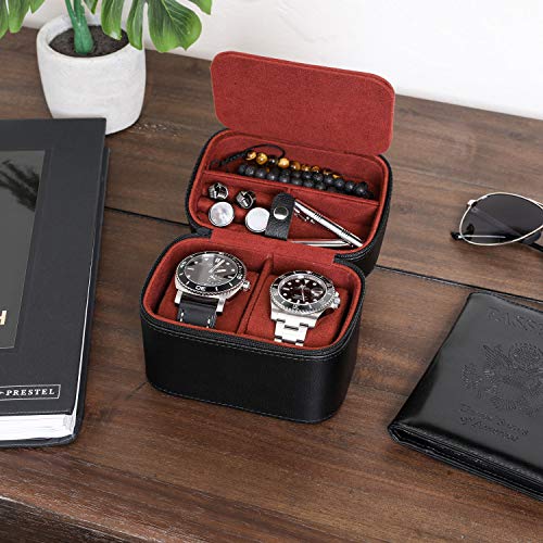 ROTHWELL Gift Set 6 Slot Leather Watch Box and 2 Watch Travel Case - Luxury Case Organizer, Microsuede Liner, Locking Mens Jewelry Watches Holder, Storage Boxes Glass Top (Black/Red Gift Set) - color: 6 Slot - Black/Red Gift Set