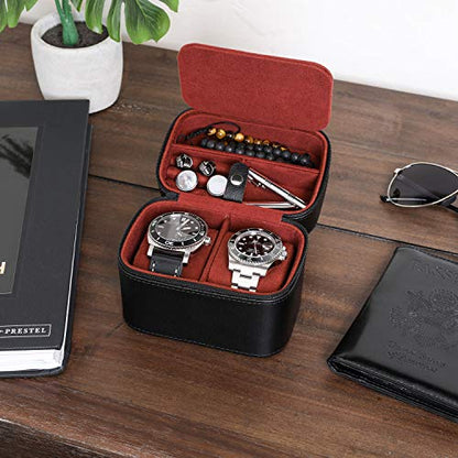 ROTHWELL Gift Set 6 Slot Leather Watch Box and 2 Watch Travel Case - Luxury Case Organizer, Microsuede Liner, Locking Mens Jewelry Watches Holder, Storage Boxes Glass Top (Black/Red Gift Set) - color: 6 Slot - Black/Red Gift Set