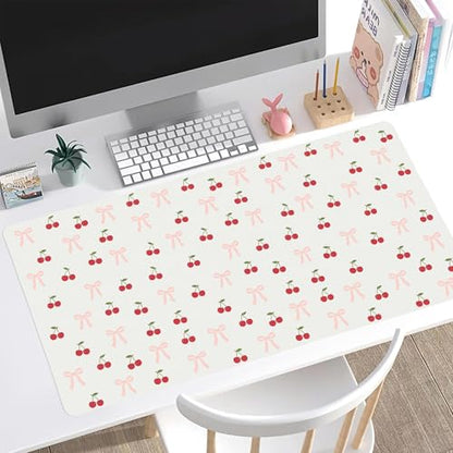 Bow Cherry Desk Mat, Cute Extended Gaming Keyboard Mouse Pad, Large Office Desk Cover Mat Pad Deskmat, Non-Slip Leather Home Office Desk Mat Protector 23.6"x11.8" - color: Bow Cherry, size: S(23.6×11.8 inch)
