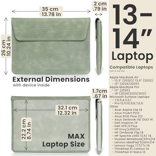 Genuine Leather Laptop Sleeve 13-14 Inch, Padded Full Grain Leather Case with Built-in Stand - Mint Green, Compatible with MacBook Air, MacBook Pro, Dell, HP, Lenovo - color: Mint Green, size: For 13” - 14” Laptops