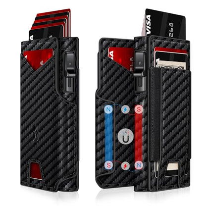 Wallet for Men Wallet with Slim Pop Up Card Holder 9-13 Cards, Bifold Minimalist Smart Wallet RFID Blocking Credit Card Holder with ID Window & Stretchable Cash Slot Compact Metal Aluminum Card Case - color: Matt Carbon Fiber