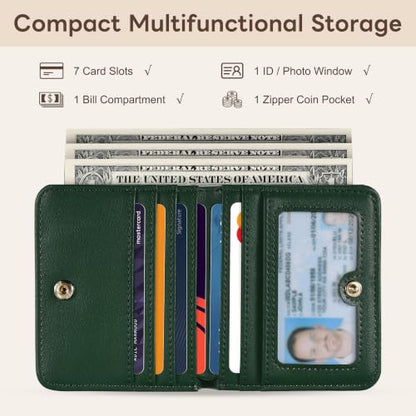 Small Wallet Women RFID Blocking Leather Bifold Compact Card Holder Wallet for Women With Zipper Coin Pocket ID Window (Green) - color: Green