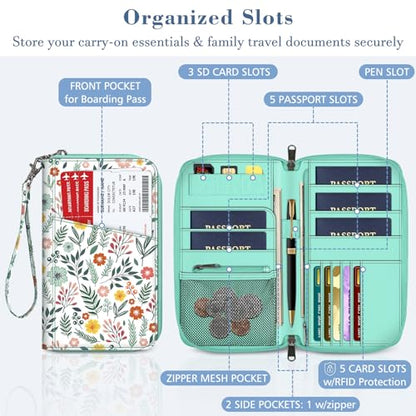 FINTIE Family Passport Holder Wallet Travel Document Organizer Clutch Bag | RFID Blocking Credit Cards Case Cover for Women Men - color: Spring