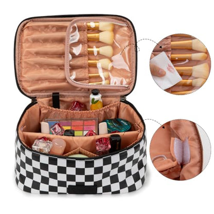 Wrangler Travel Makeup Bag 2pcs Set Cosmetic Bag with Makeup Brush Holder | Portable Make Up Organizer,Large Toiletry Bag with Divider and Handle for Women - color: Checkered-Black