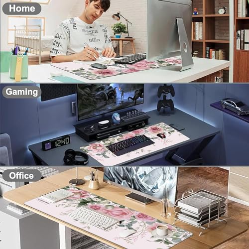 XXL Mouse Pad, Pink Peony Flowers Eucalyptus Green Leaves Large Desk Mat for Desktop, Extended Large Gaming Mouse Pad Mouse Mat with Non-Slip Rubber Base Stitched Edges for Home Office 35.4"X15.7" - color: Pink Peony Flowers Eucalyptus Green Leaves