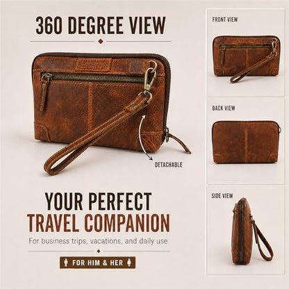 Genuine Leather Makeup Bag Travel Organizer, Premium Handcrafted Cosmetic Pouch with Zipper & Wrist Strap, Durable Toiletry Storage for Women & Men, 5 x 9- Tan - color: Tan Travel Makeup Bag