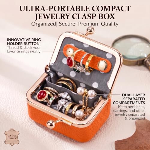 Genuine Leather Mini Travel Jewelry Box Kiss Lock Closure (Orange) - color: Orange