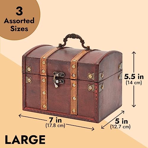 Juvale Treasure Chest Storage Boxes - Dark Brown Wood, Antique Style, Set of 3 - Pirate Chest Decor & Treasure Box for Classroom, Party Decorations & Kids Toy Organization