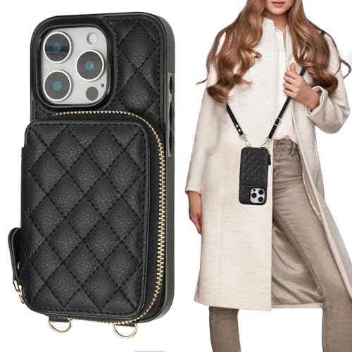 Bocasal Crossbody Wallet Case Card Holder for iPhone 16 Pro, Black | RFID Blocking PU Leather Zipper Handbag Purse, Kickstand Flip Folio Case with Card Slots Holder Wrist Strap Lanyard 6.3 Inch - color: Black