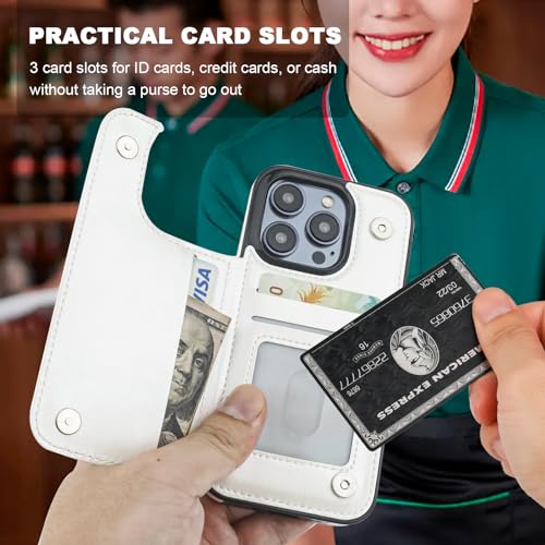 ONETOP for iPhone 14 Pro Wallet Case with Credit Card Holder,White | 360° Rotation Ring Kickstand,Finger Grip,Double Magnetic Clasp,RFID Blocking PU Leather Shockproof Cover for Women Men - color: White