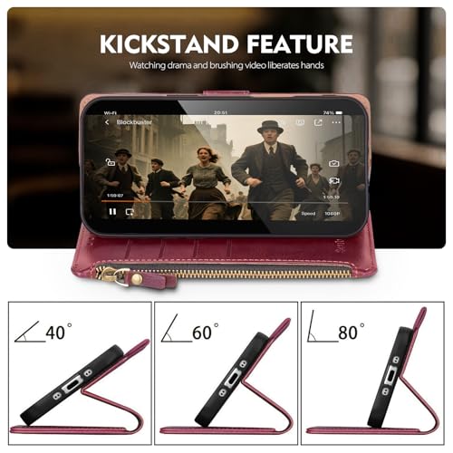 Compatible with iPhone 17e / 16e Wallet Case with Card Holder RFID Blocking Zipper Poket PU Leather Flip Phone Case with Wrist Strap Credit Card Slots Men Women,Wine Red - color: Wine Red
