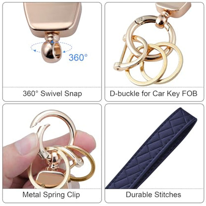 Weixiltc Quilted Leather Wristlet Keychain, D-Ring Car Key Holder | Quilted faux leather & gold hardware. D-ring for car keys + 2 split rings. Hands-free, anti-loss for commute & travel - color: Navy