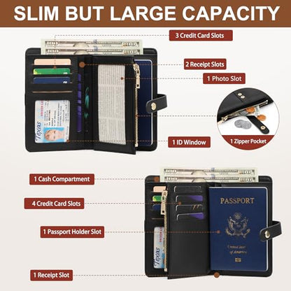 Small Wallet Women RFID Blocking Vegan Leather Slim Thin Bifold Credit Card Wallet Passport Holder Ladies Travel Wallet Mini Purse with Zipper Pocket - color: Black