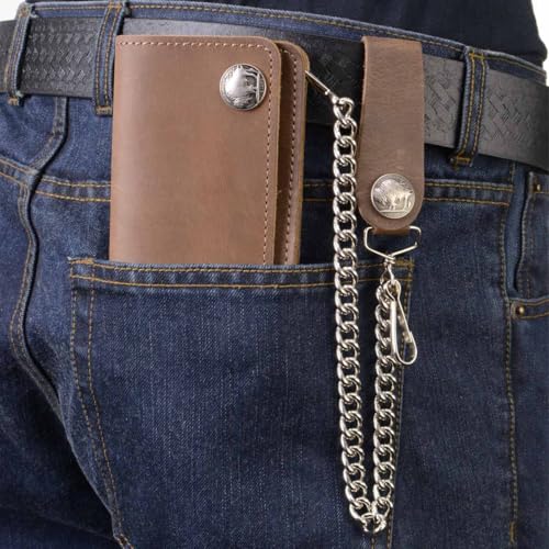 Milwaukee Leather MLW7865 Men's 7" Black Soft Premium Cowhide Leather Tri Fold Wallet w/Anti-Theft Stainless Steel Chain - color: Brown Buffalo Coin, size: 6 Inch