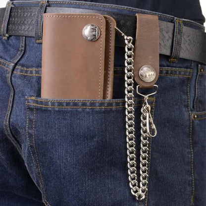 Milwaukee Leather MLW7865 Men's 7" Black Soft Premium Cowhide Leather Tri Fold Wallet w/Anti-Theft Stainless Steel Chain - color: Brown Buffalo Coin, size: 6 Inch